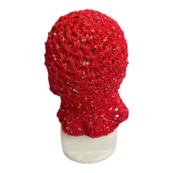Red ruffle crochet trim hat with sequins. Handmade - Picture 3 of 12